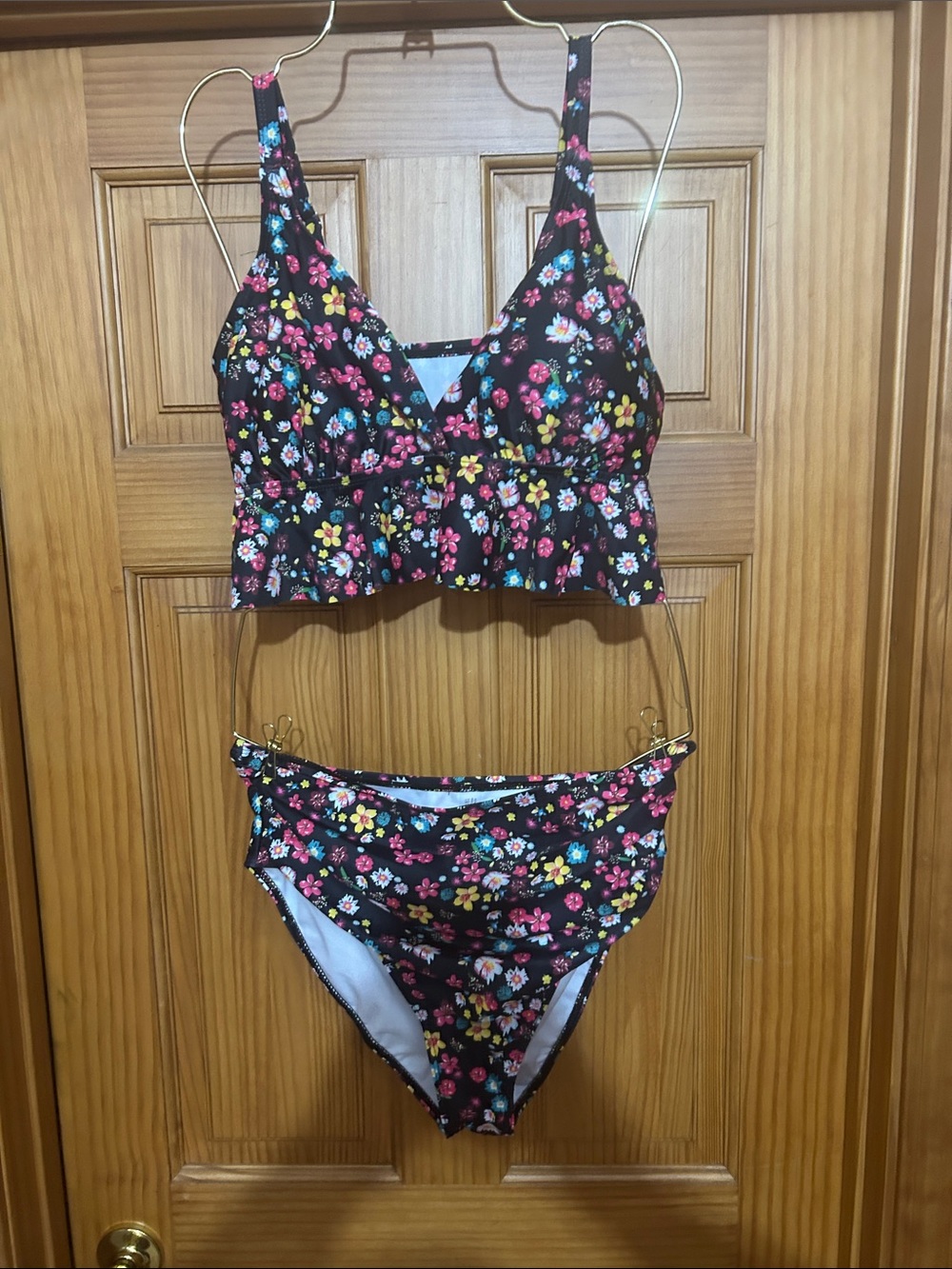 Floral Ruffle Tank Bikini Set - Black with Multicolor Flowers